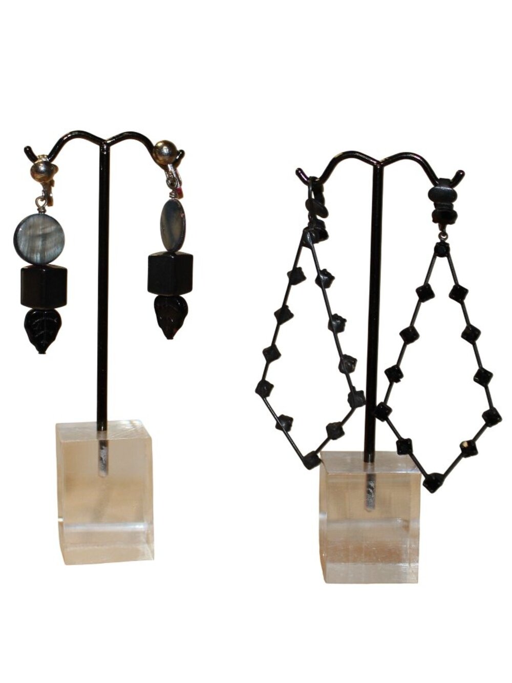 Vintage Clip On Earring Lot 2Pr Black Rhinestone Diamond & Hematite MOP Dangle